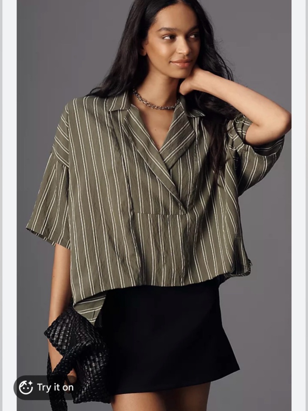 BY ANTHROPOLOGIE Oversized Blouse Top Dylon Wide Placket Green Stripe Crop XXS